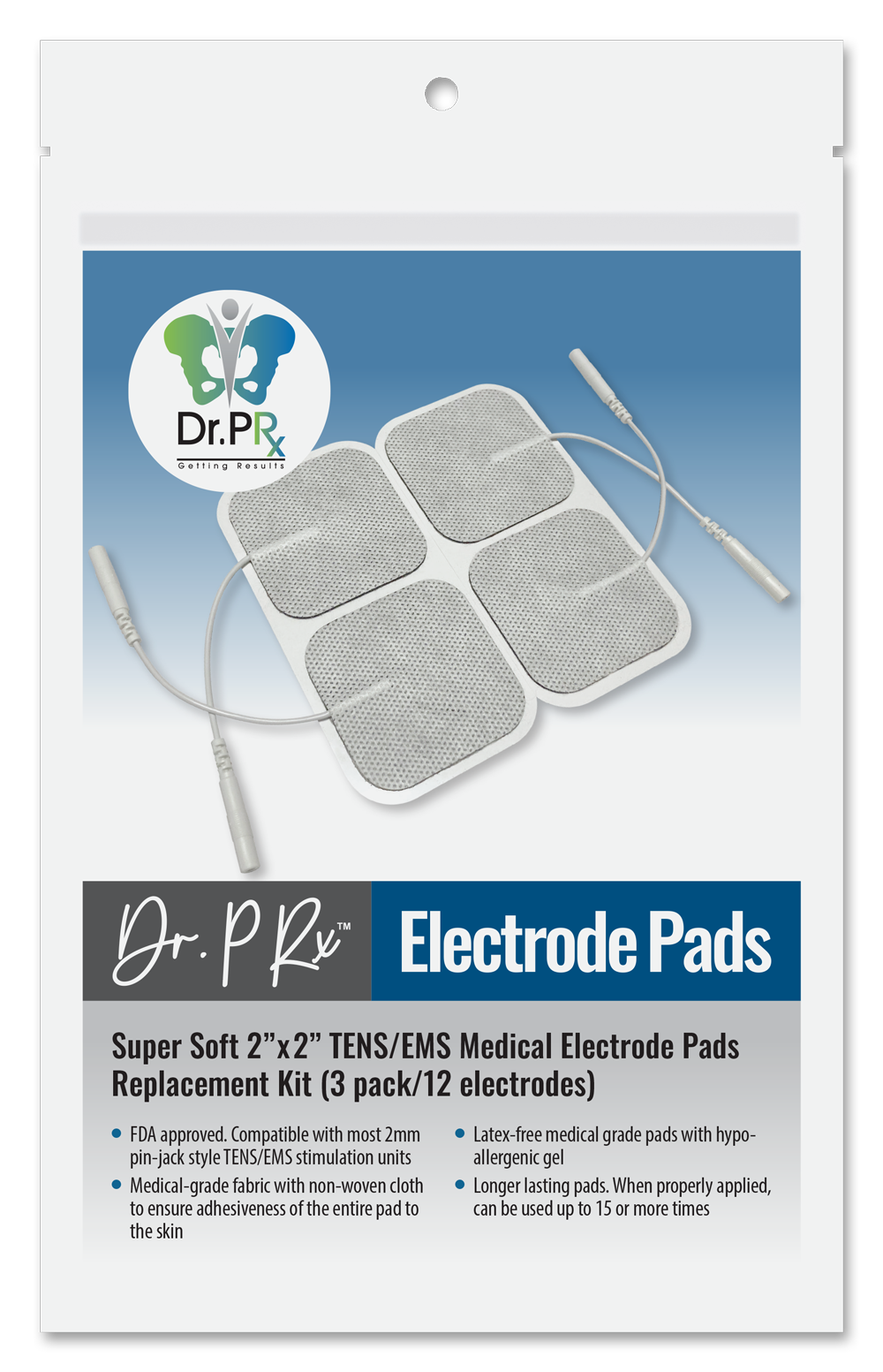 Dr.PRx™ Electrode Pads Replacement Super Soft 2”x 2” TENS/EMS Medical Electrode Pads Replacement Kit (3 pack/12 electrodes)